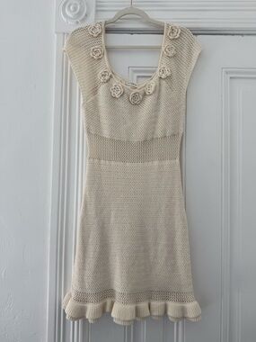 Storia Cream Knit Floral-Trim Mini Dress
